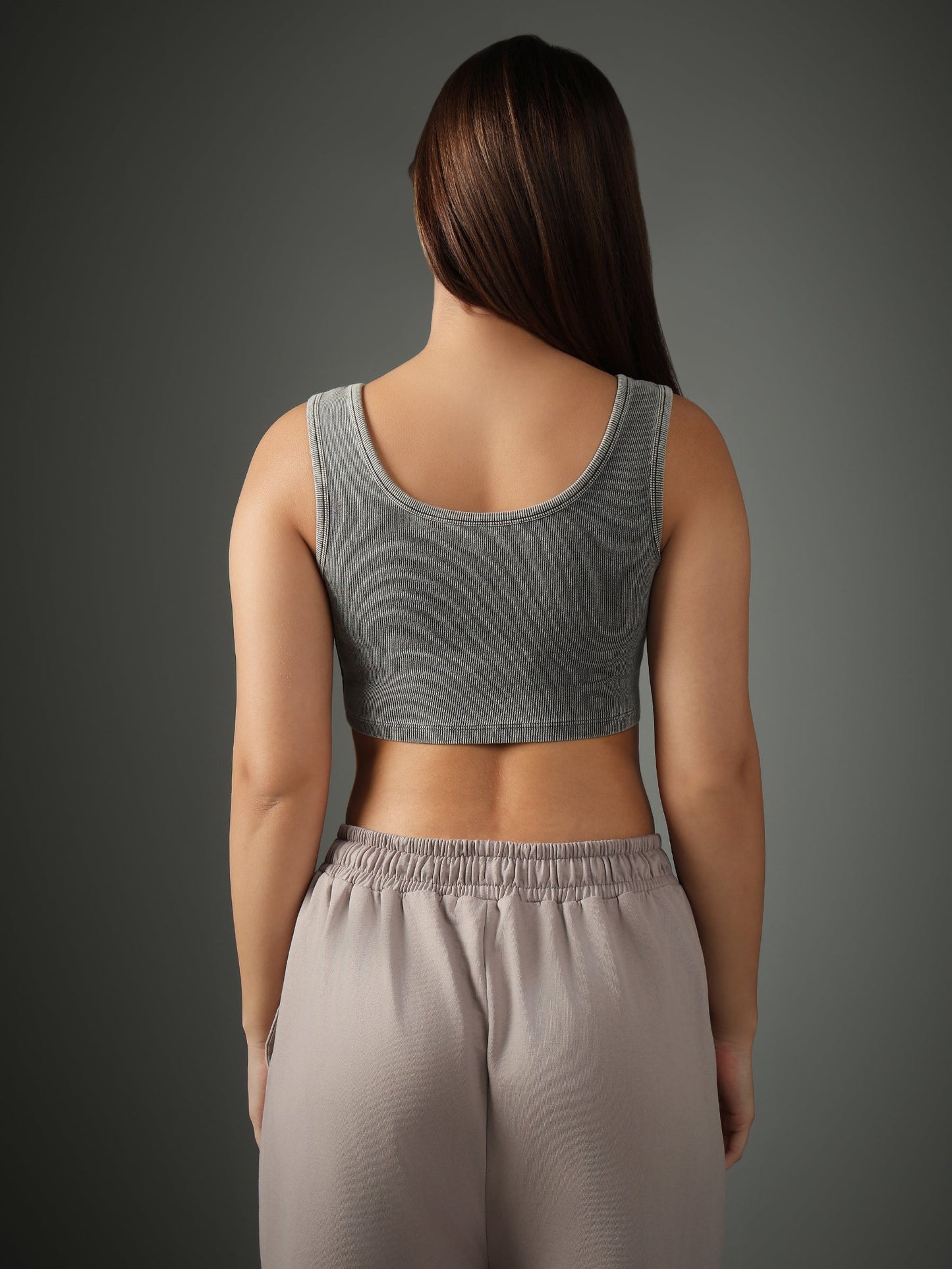Grey Ribbed Crop Stone Wash