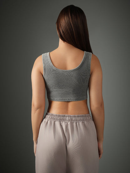 Grey Ribbed Crop Stone Wash