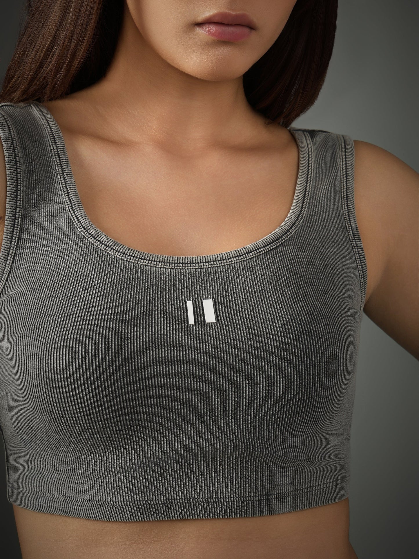 Grey Ribbed Crop Stone Wash