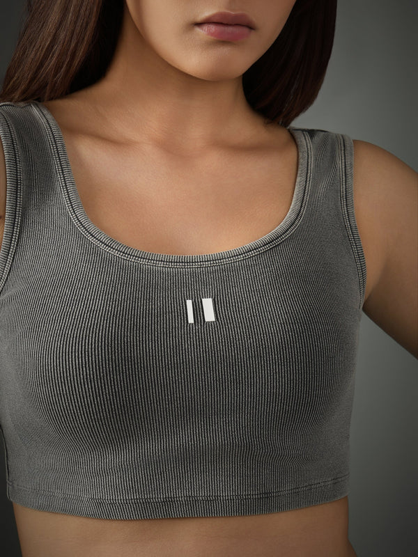 Grey Ribbed Crop Stone Wash