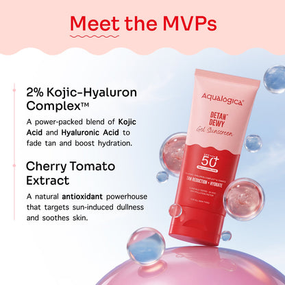 Detan+ Dewy Gel Sunscreen SPF 50+ PA++++ with 2% Kojic-Hyaluron Complexâ„¢ & Wild Berries - 80g