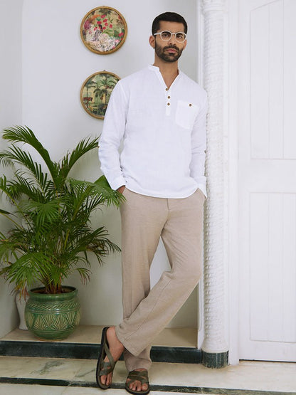 Vedic White Solid V-Neck Mau Collar Shirt