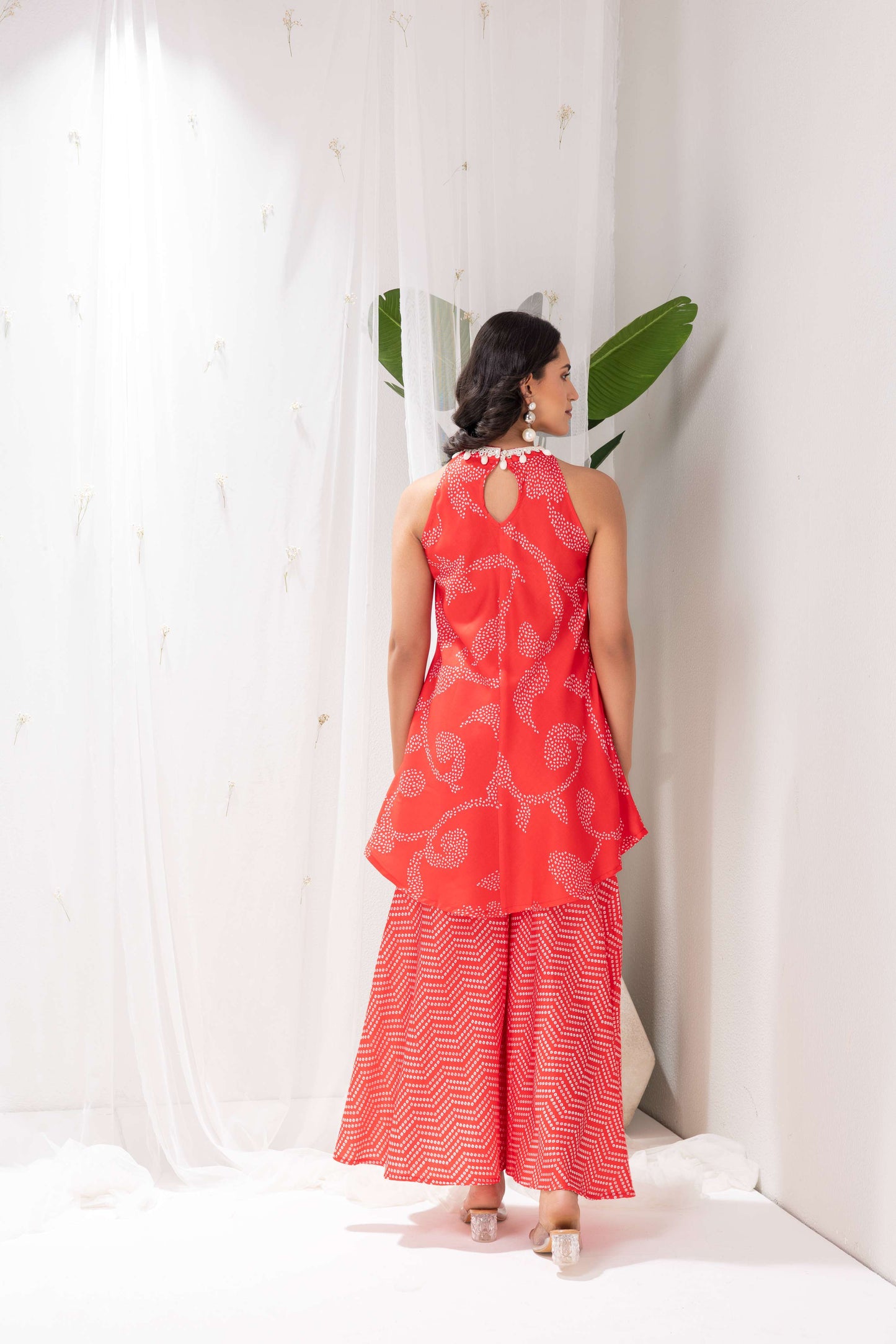 RED BANDHANI PRINTED HALTER SUIT SET