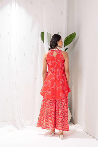 RED BANDHANI PRINTED HALTER SUIT SET