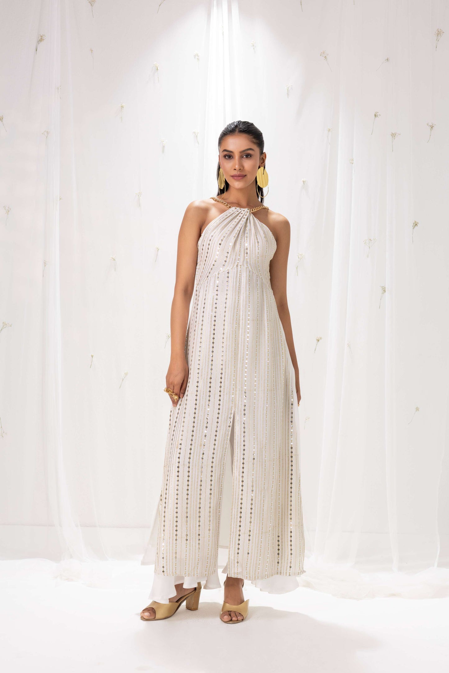 White and gold sequence embroidered Kurta set