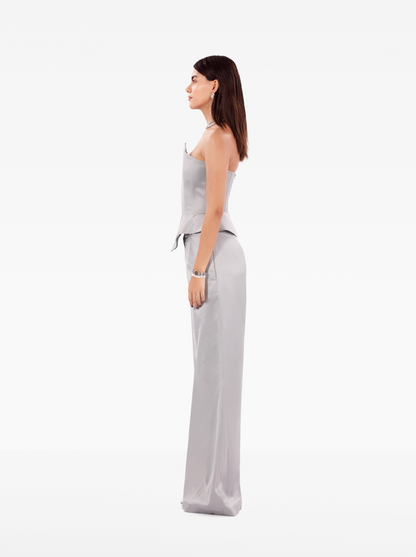 instant crush trousers - silver grey wide leg satin high-waisted trousers with front pockets, birthday, party, formal, dinner, date outfit - SOLÉITE