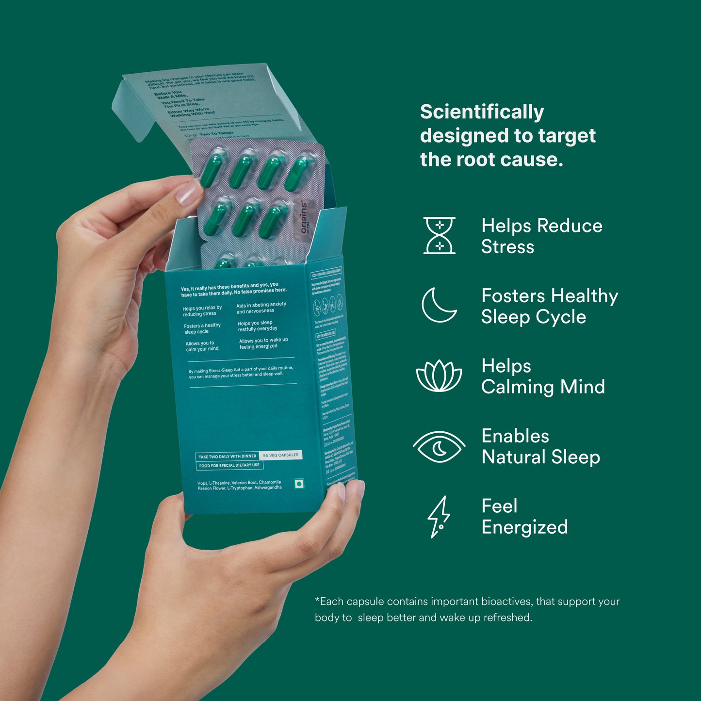 Origins Nutra Stress-Sleep Aid Capsules| Melatonin Free| Non-Habit forming| Calmer mind & Restfull sleep| GMP Certified |Non-GMO |For Men & Women| 56 Capsules 4 Week