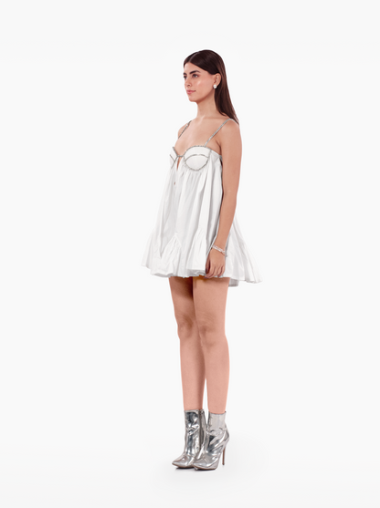 playdate dress - poplin mini dress, loosely fitted silhouette adorned with a crystal trimmed bra, with deep neckline. birthday dress, date night, vacation, euro summer, ibiza
