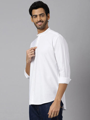 Mandarin Collar Grainy Cotton Oxford Shirt - Candid