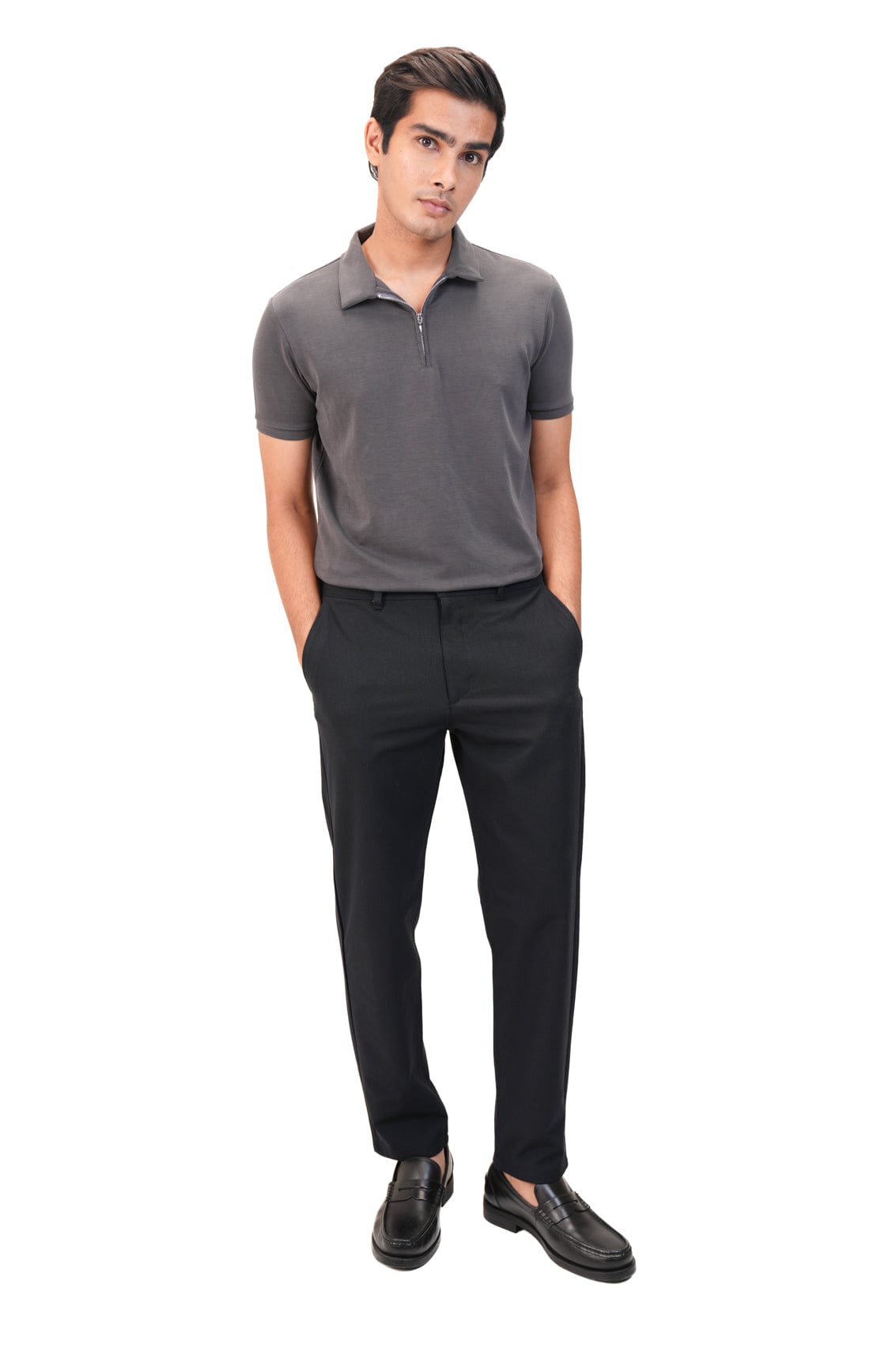 Suede Zipper Polo- Charcoal Grey