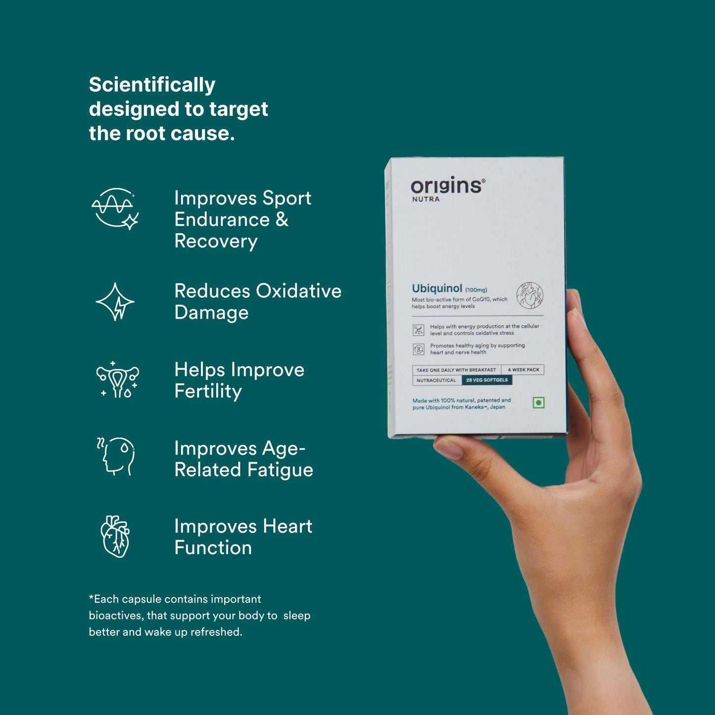 Origins Nutra Ubiquinol (100mg) | Boost Energy, Supports Heart & Healthy Ageing, Enhance Antioxidant Protection | Ubiquinol | GMP Certified | For Men & Women | 28 Soft Gels