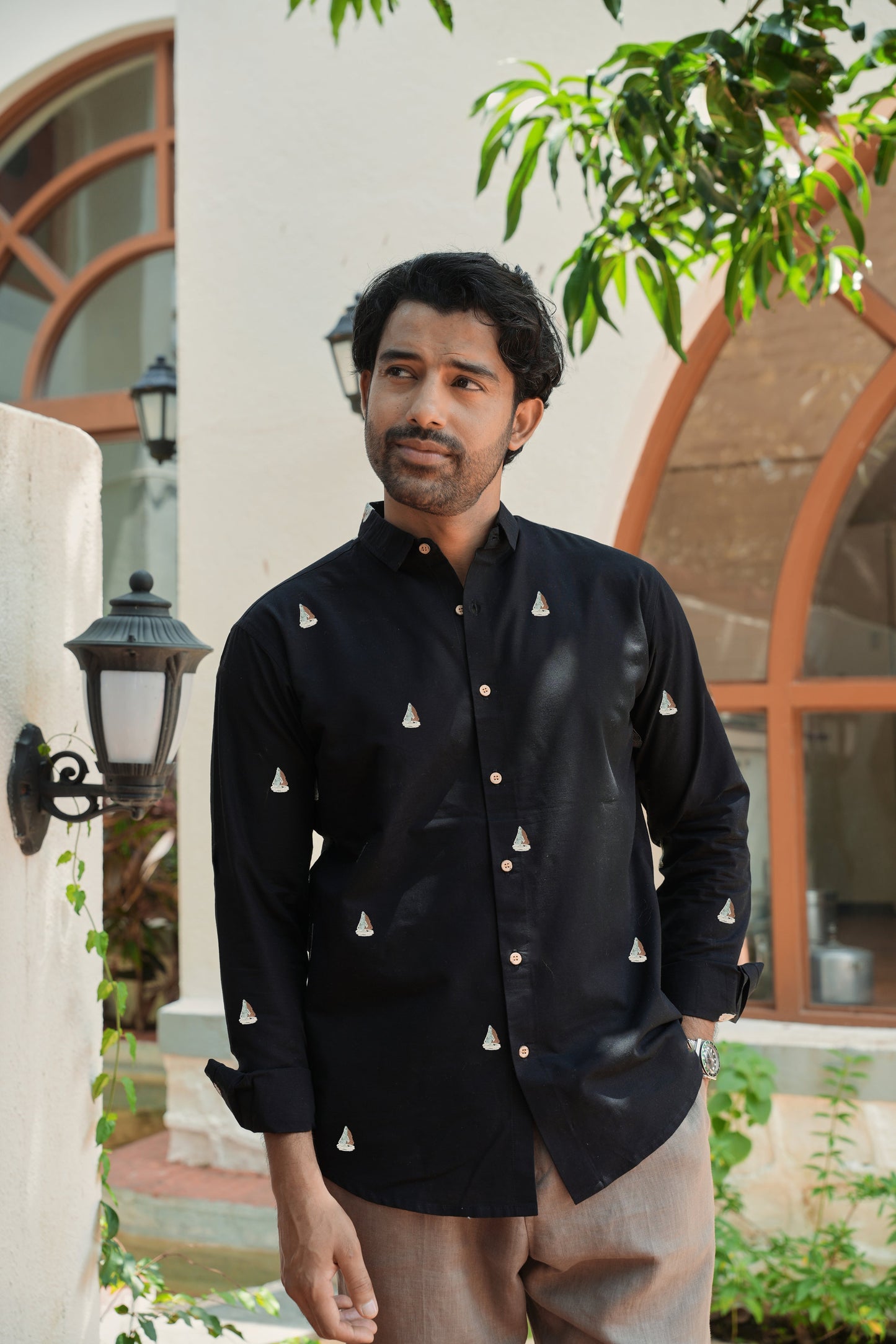 Midnight Sailboat Cotton Regular Fit Black Embroidered Shirt | Hamptons at Broadway