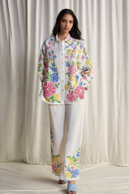 LINEN FLORAL CROSS-STITCH EMBROIDERED PANT