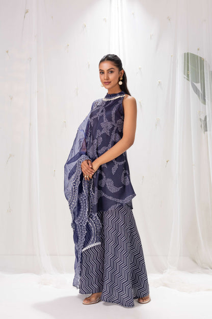NAVY BLUE BANDHANI PRINTED HALTER SUIT SET