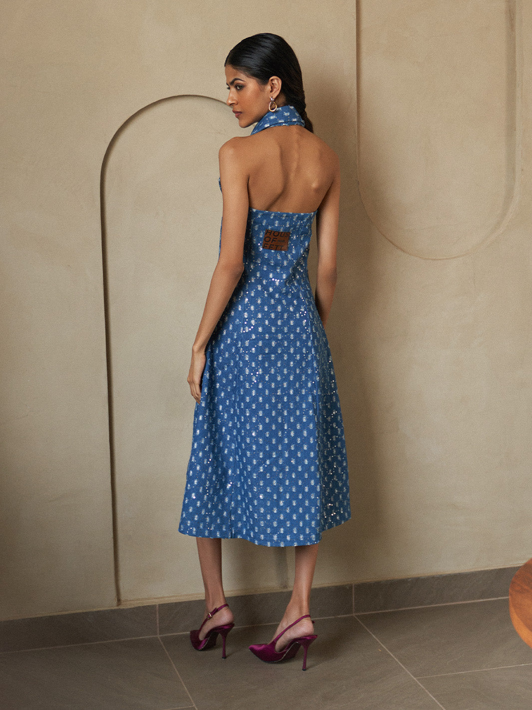 Glitzy Denim Lapel Slit Dress