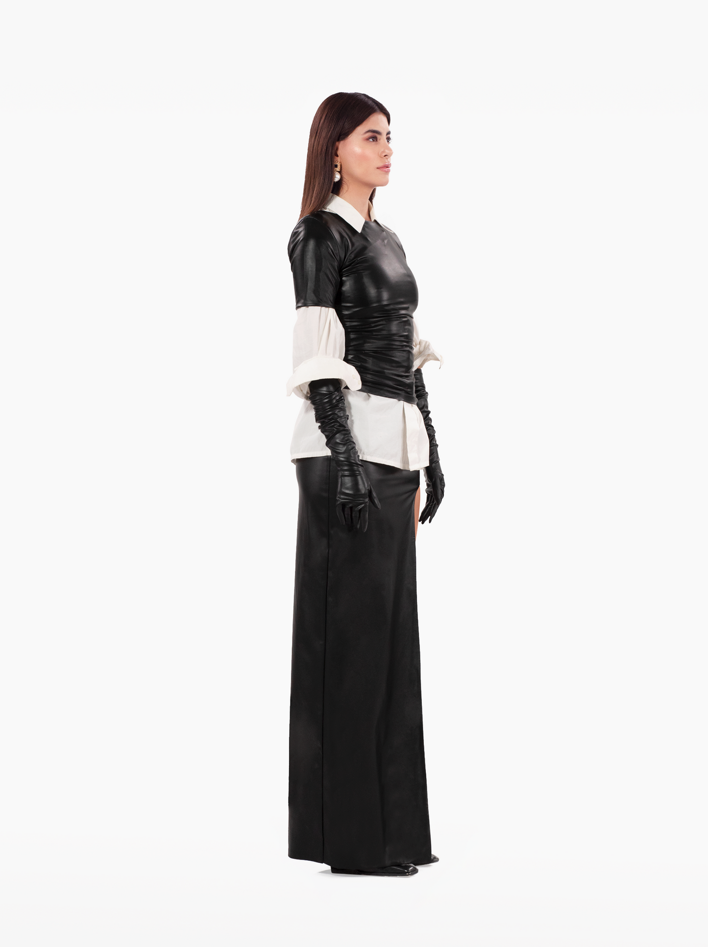 All Day and Night T-Shirt – black faux leather gathered tshirt top with shoulder pads and asymmetric hem by SOLÉITE