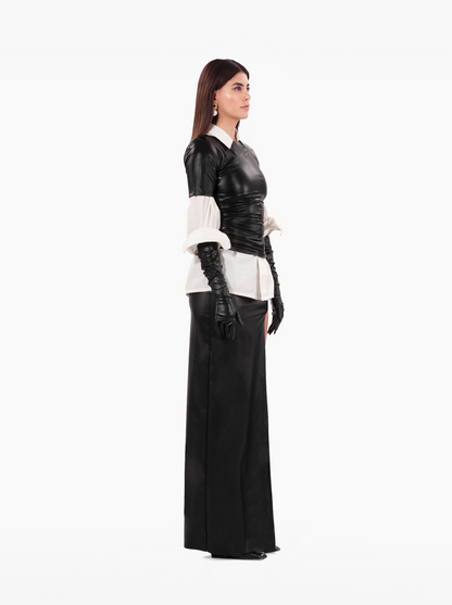 All Day and Night T-Shirt – black faux leather gathered tshirt top with shoulder pads and asymmetric hem by SOLÉITE