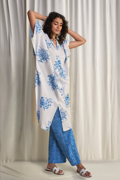 LINEN PORCELAIN MOTIF PRINT LONGLINE SHIRT