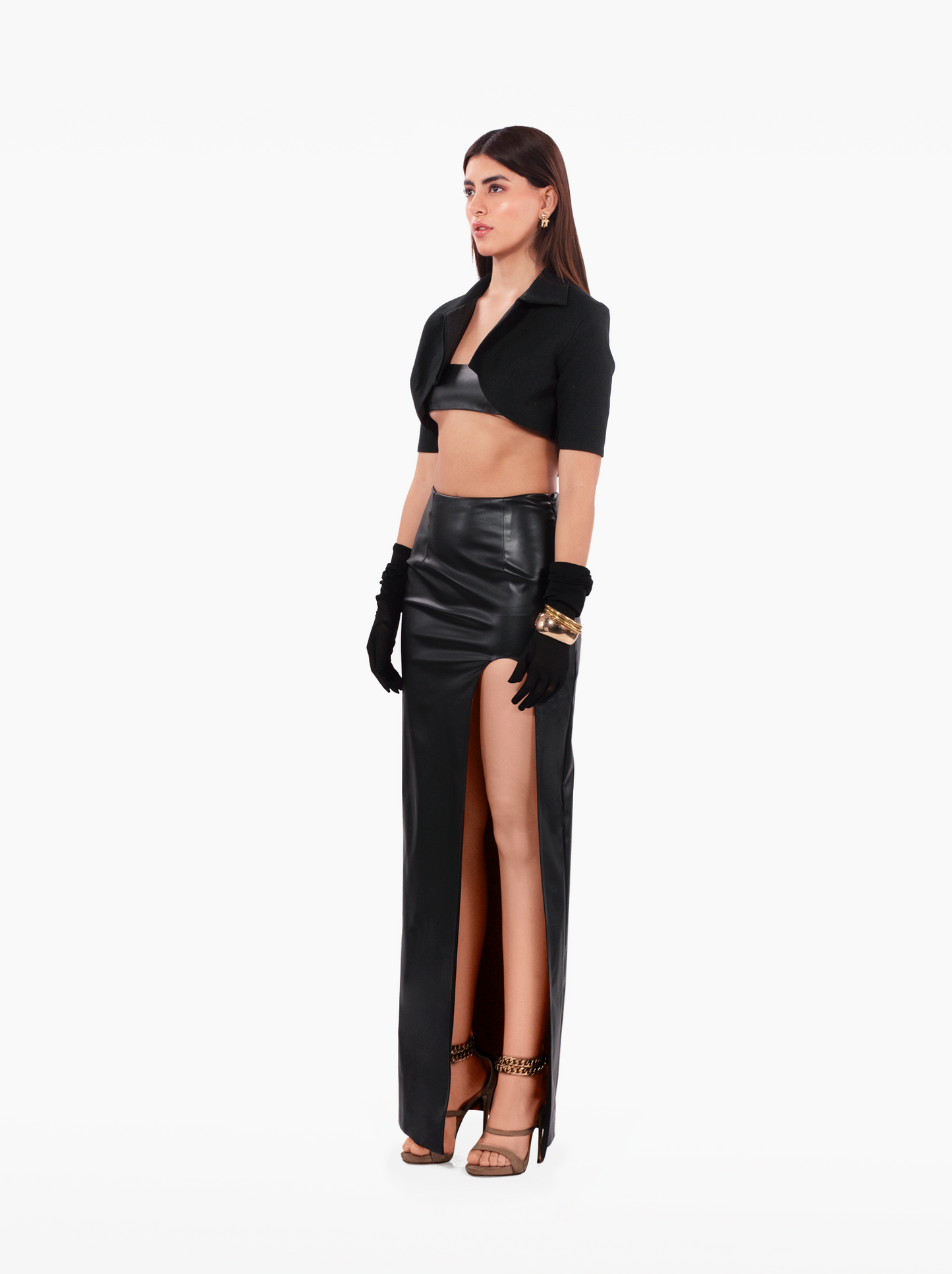 brooklyn baby skirt - black faux leather asymmetric skirt with u-cut side slit. high waisted fitted skirt by SOLÉITE