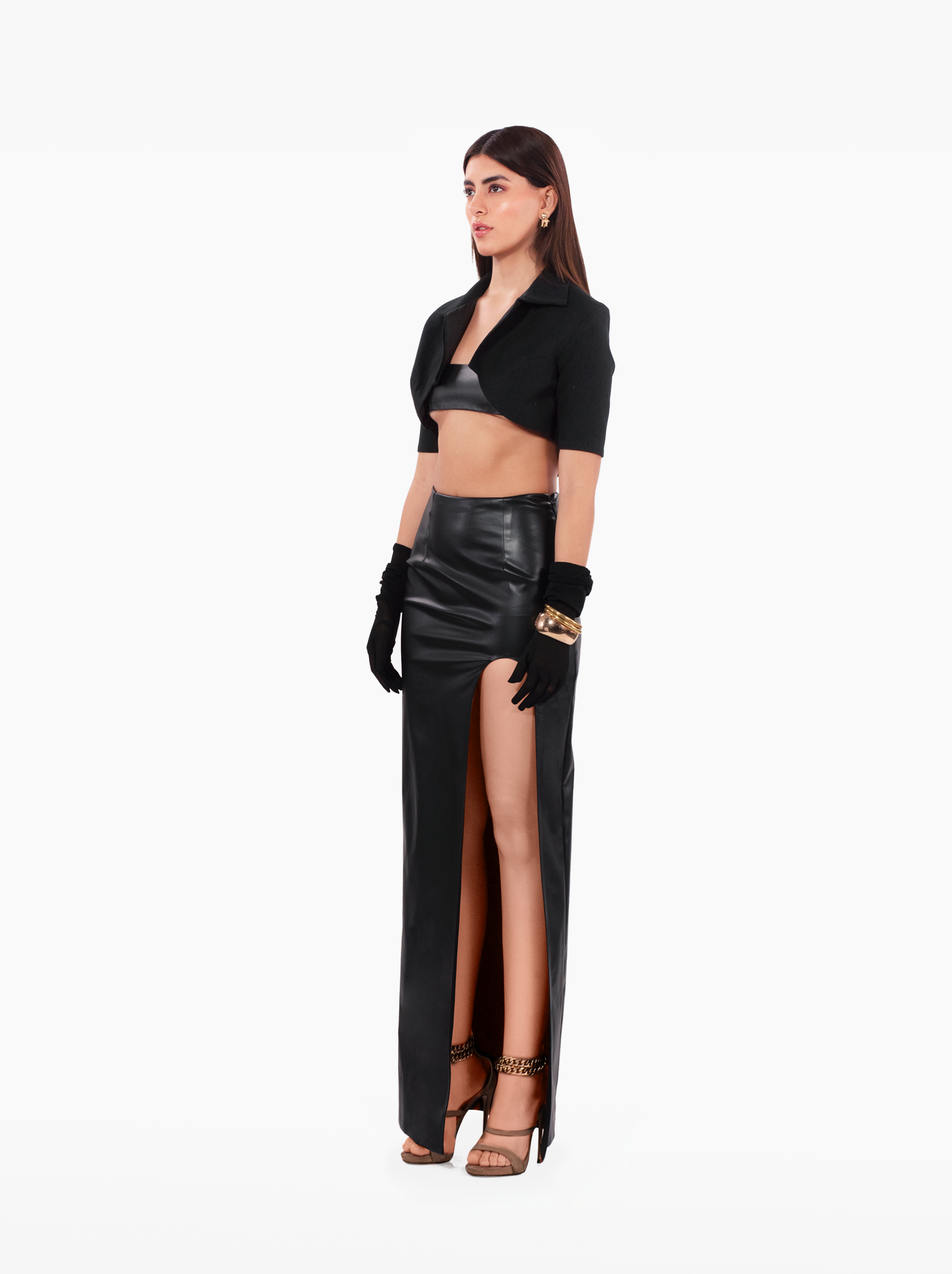 brooklyn baby skirt - black faux leather asymmetric skirt with u-cut side slit. high waisted fitted skirt by SOLÉITE