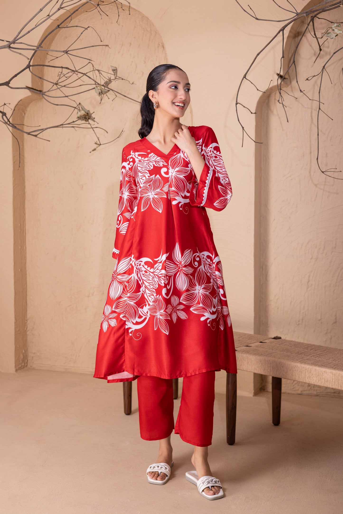 RED FLORAL PRINTED KURTA SET