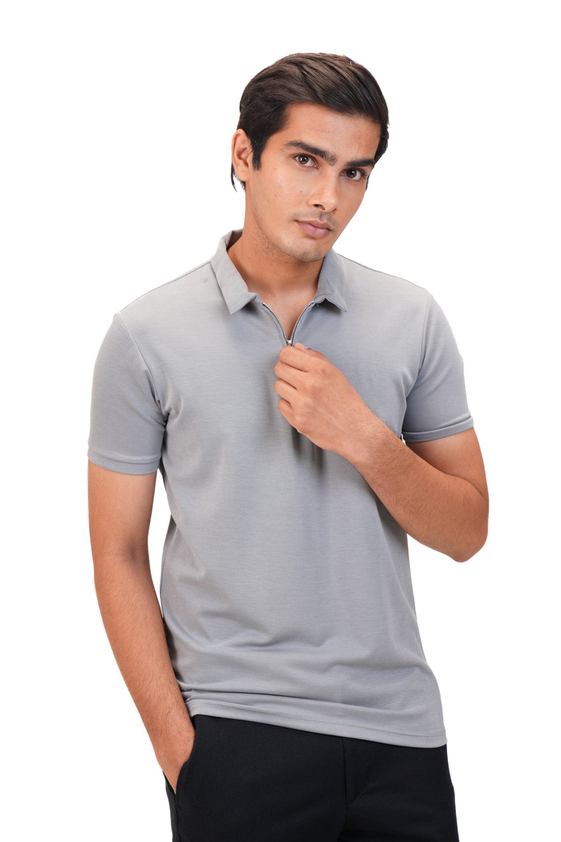 Suede Zipper Polo- Storm Grey