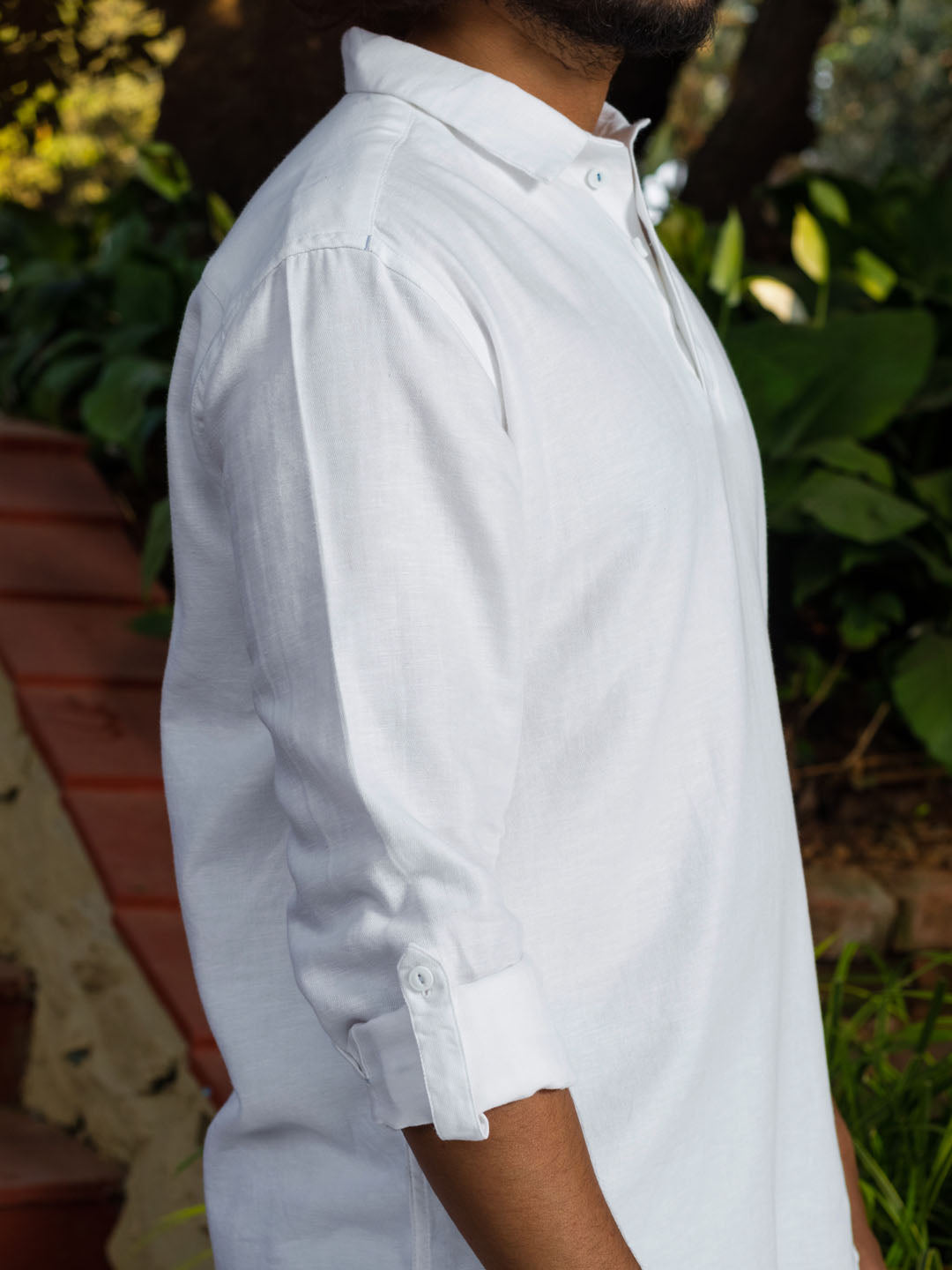 Polo Neck Cotton Linen White Shirt - Wander