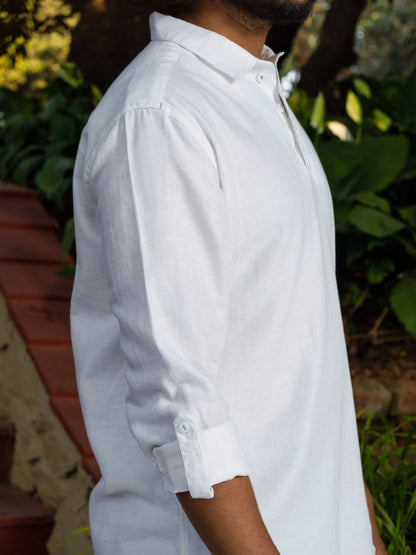 Polo Neck Cotton Linen White Shirt - Wander