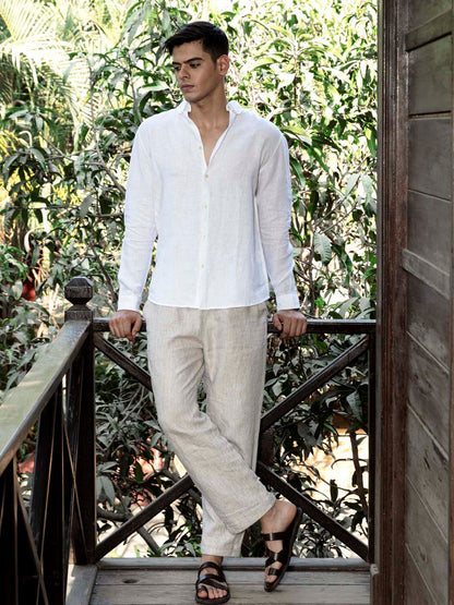 Button Down Collar Linen White Shirt - Serene