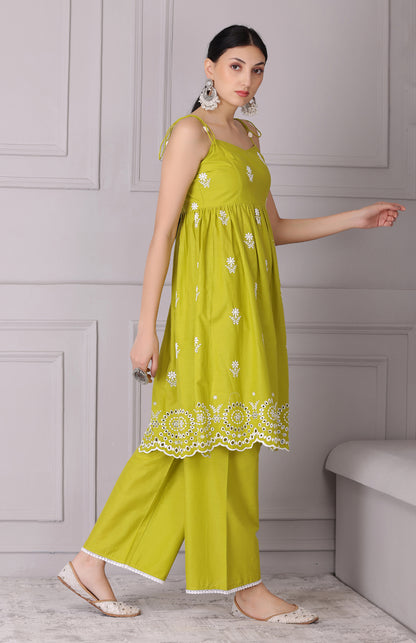 Lime Floral Halter Embroidered Kurta Set