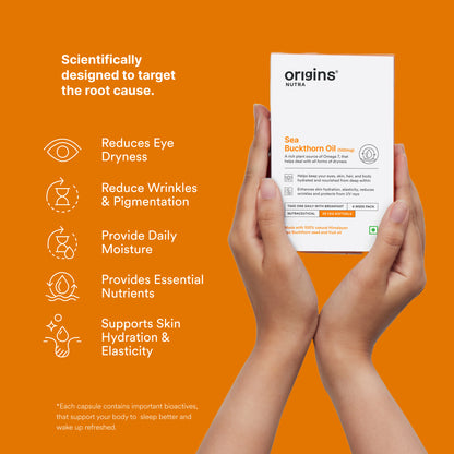 Origins Nutra Sea Buckthorn Oil |Reduce Wrinkles & Pigmentation, Supports Skin Hydration & Elasticity | Sea Buckthorn Oil | GMP Certified | For Men & Women | 28 Capsules.