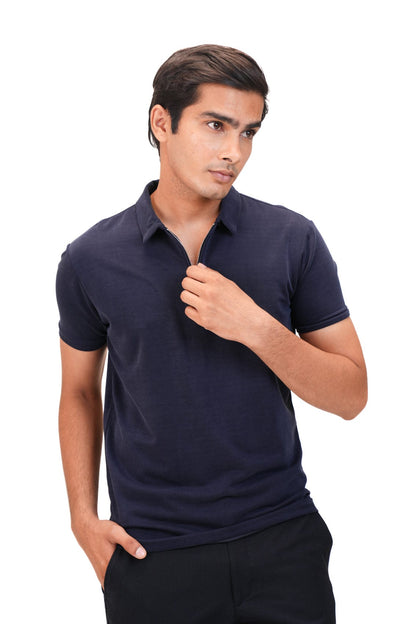 Suede Zipper Polo- Brilliant Navy