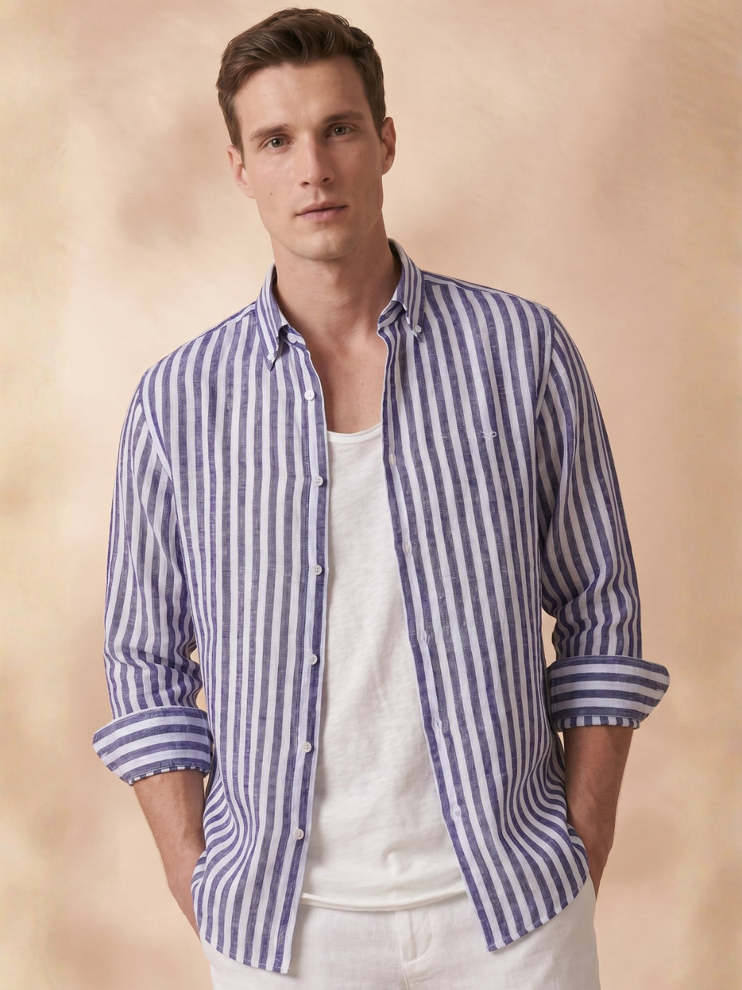 Regular Fit Purple Linen Striped Casual Shirt for Men (LUCID)
