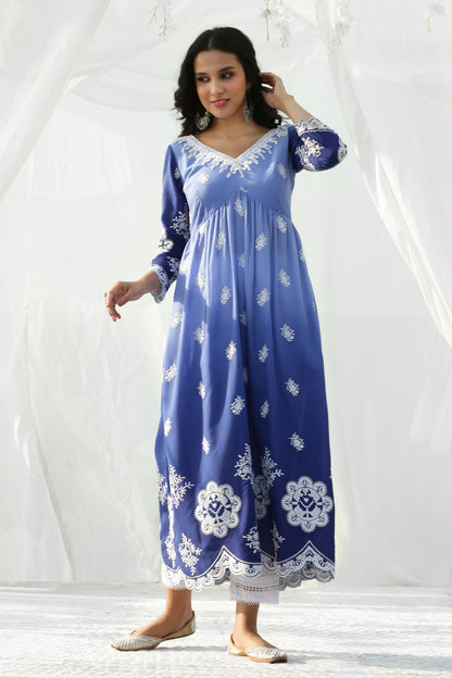 Blue Ombre Scallop Embroidered Kurta Set