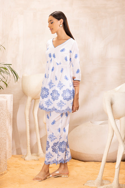 White and Blue embroidered kurta set