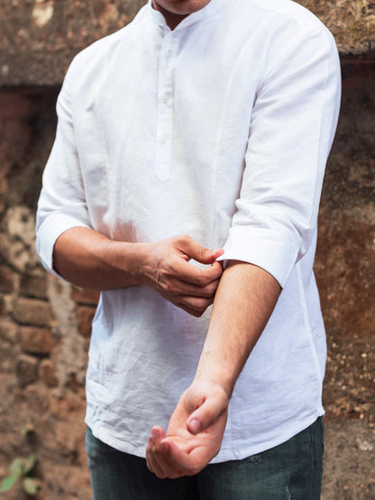 Panel Detail Cotton Linen White Kurta - Halfway