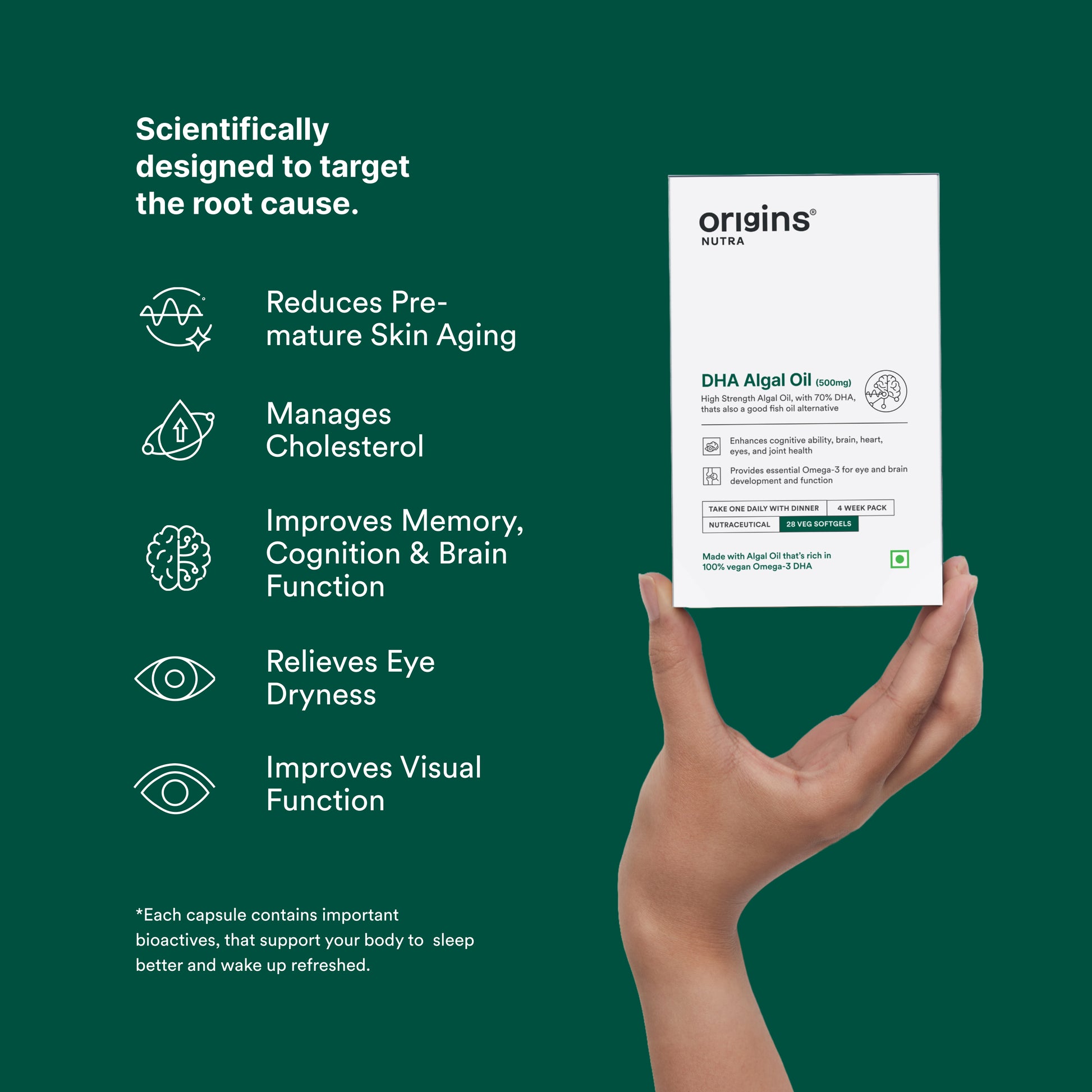 Origins Nutra DHA Algal Oil |Plant-Based High Strength 70% Omega 3 DHA, Improves Memory, Brain & Eye Health | Plant Based |GMP Certified | Non-GMO |For Men & Women | 28 Softgels. | Origins Nutra at Broadway