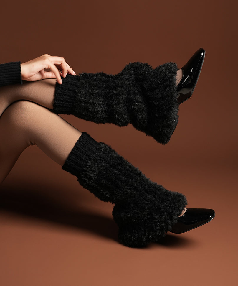 Banded Plush Ribbed Leg Warmer - Black