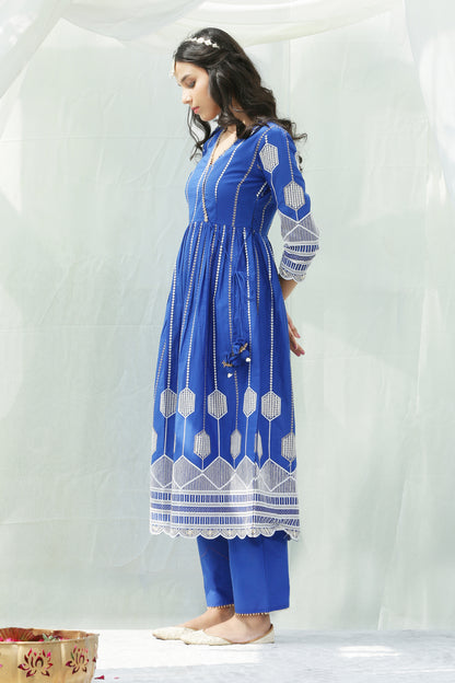 Blue And Gold Chikankari Embroidered Kurta Set