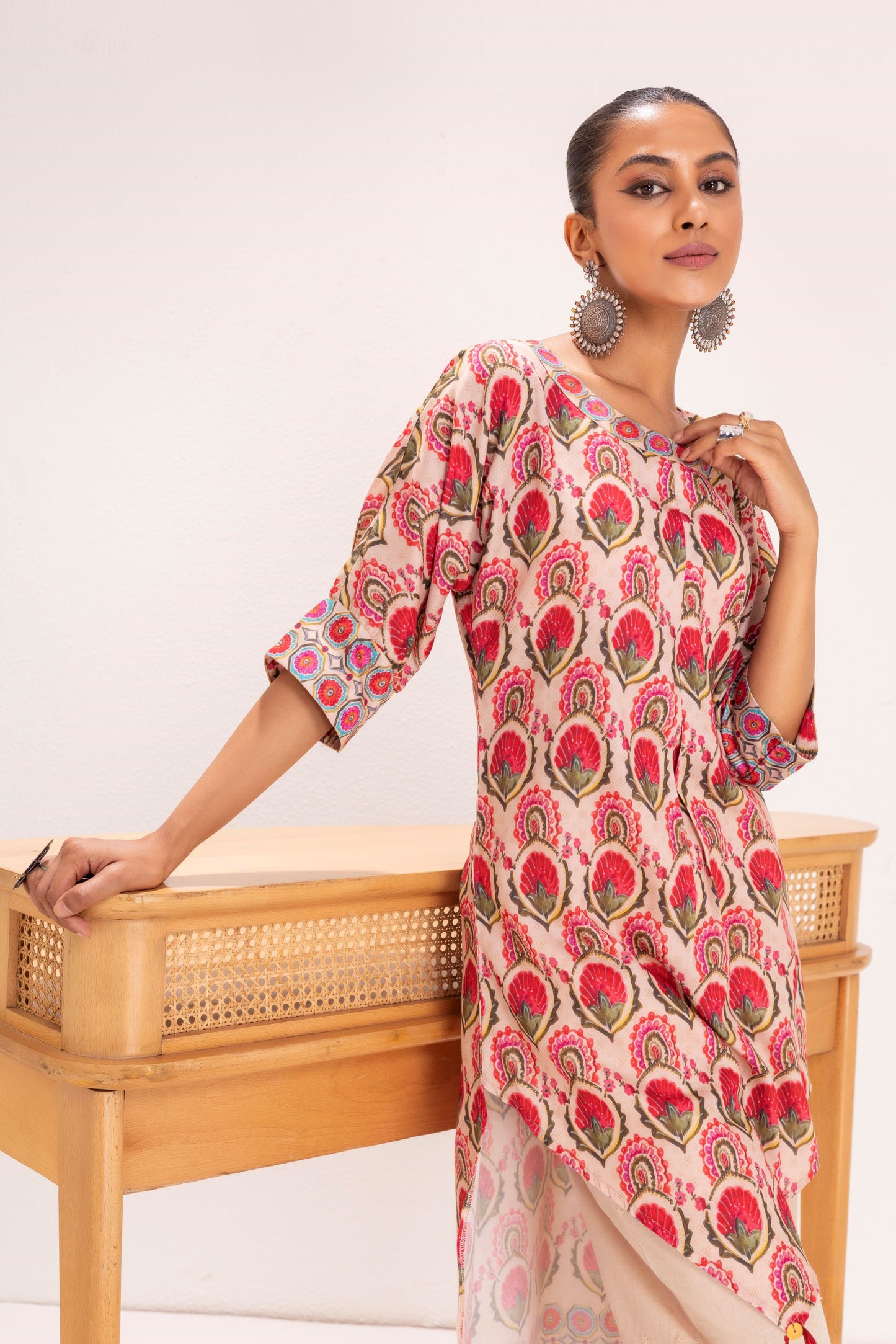 BEIGE MUGHLAI PRINT KURTA SET