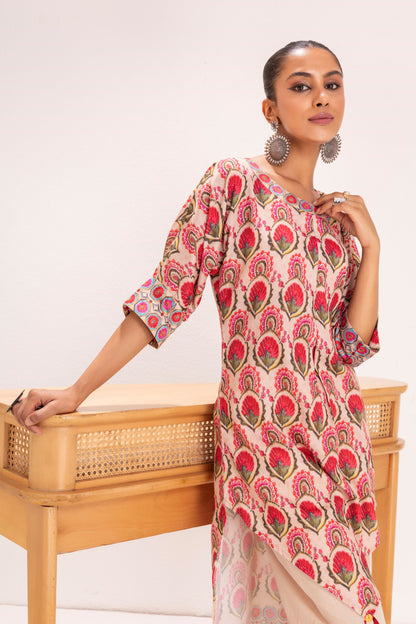 BEIGE MUGHLAI PRINT KURTA SET