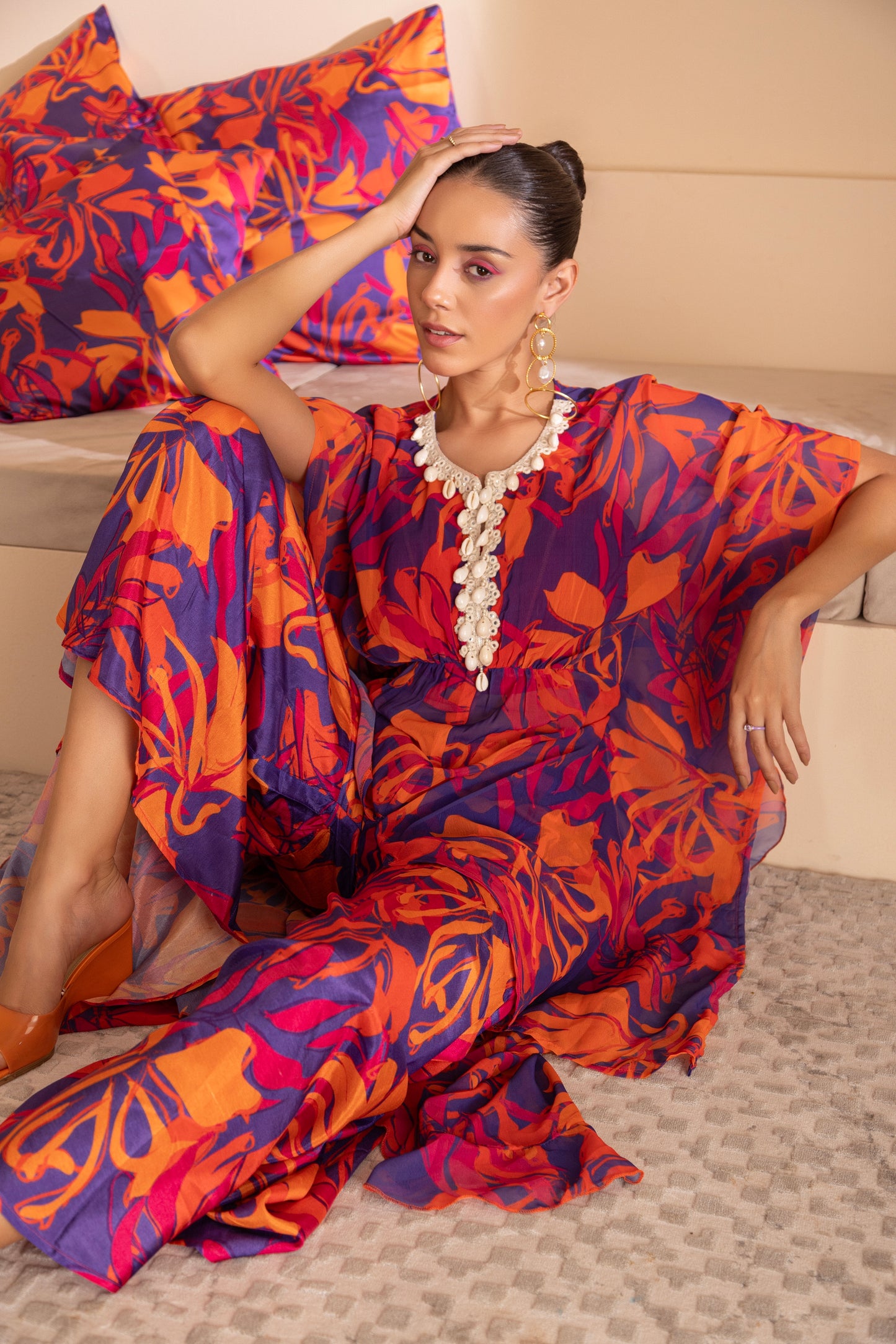 Vibrant Color Pop Printed Kaftan Ensemble