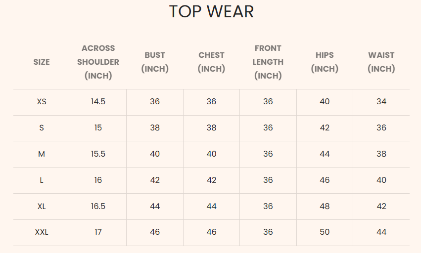 Size Chart for Komal x HOK Falak Kashmiri Long Kurta - White