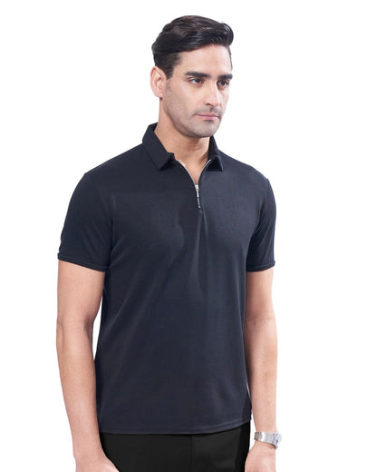 Suede Zipper Polo- Pitch Black