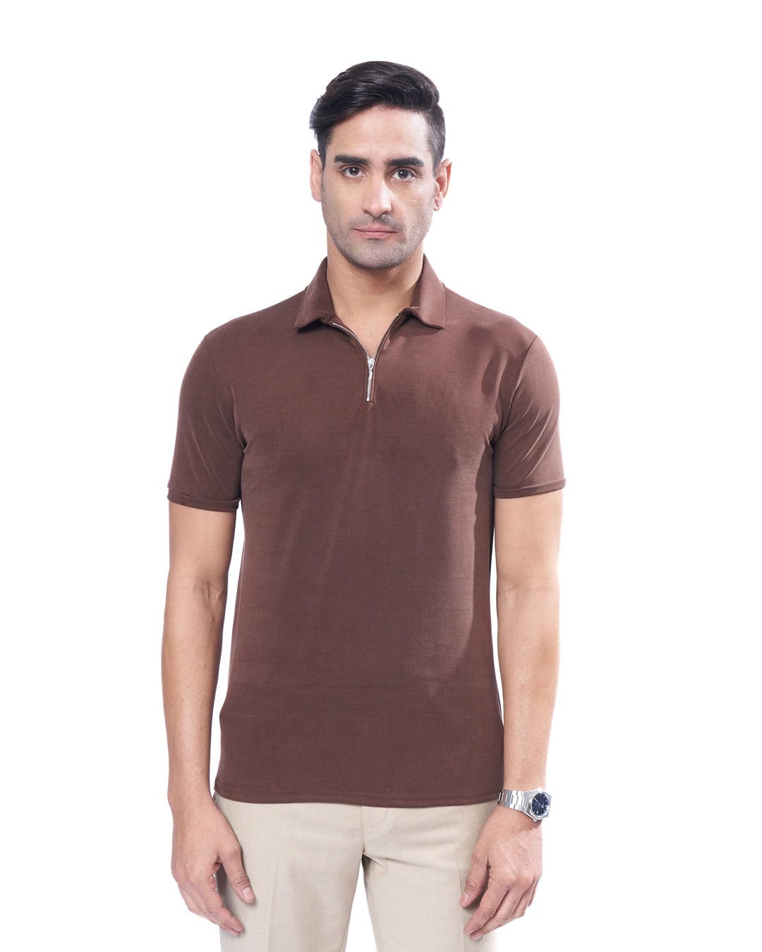 Suede Zipper Polo- Cold Brew