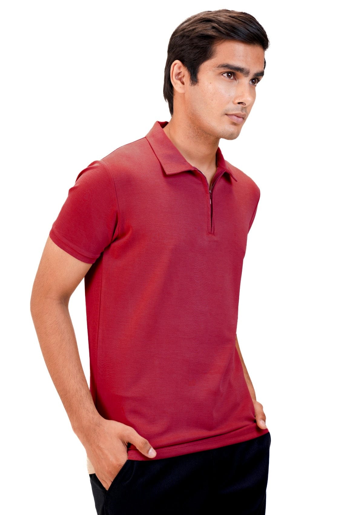 Suede Zipper Polo- Deep Red