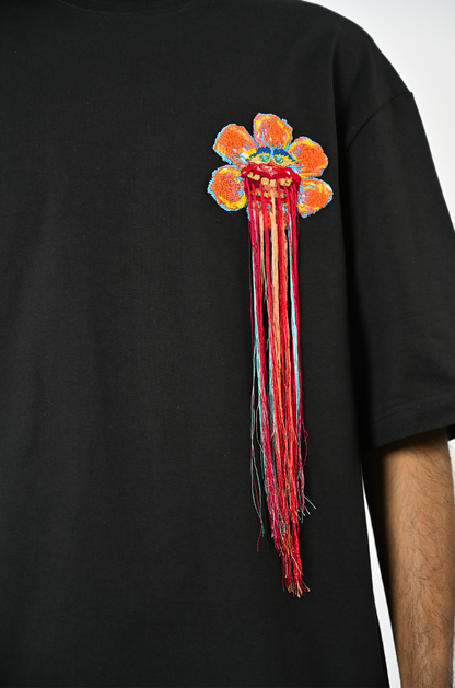Hand-embroidered floral t-shirt (Black) | Huemn at Broadway