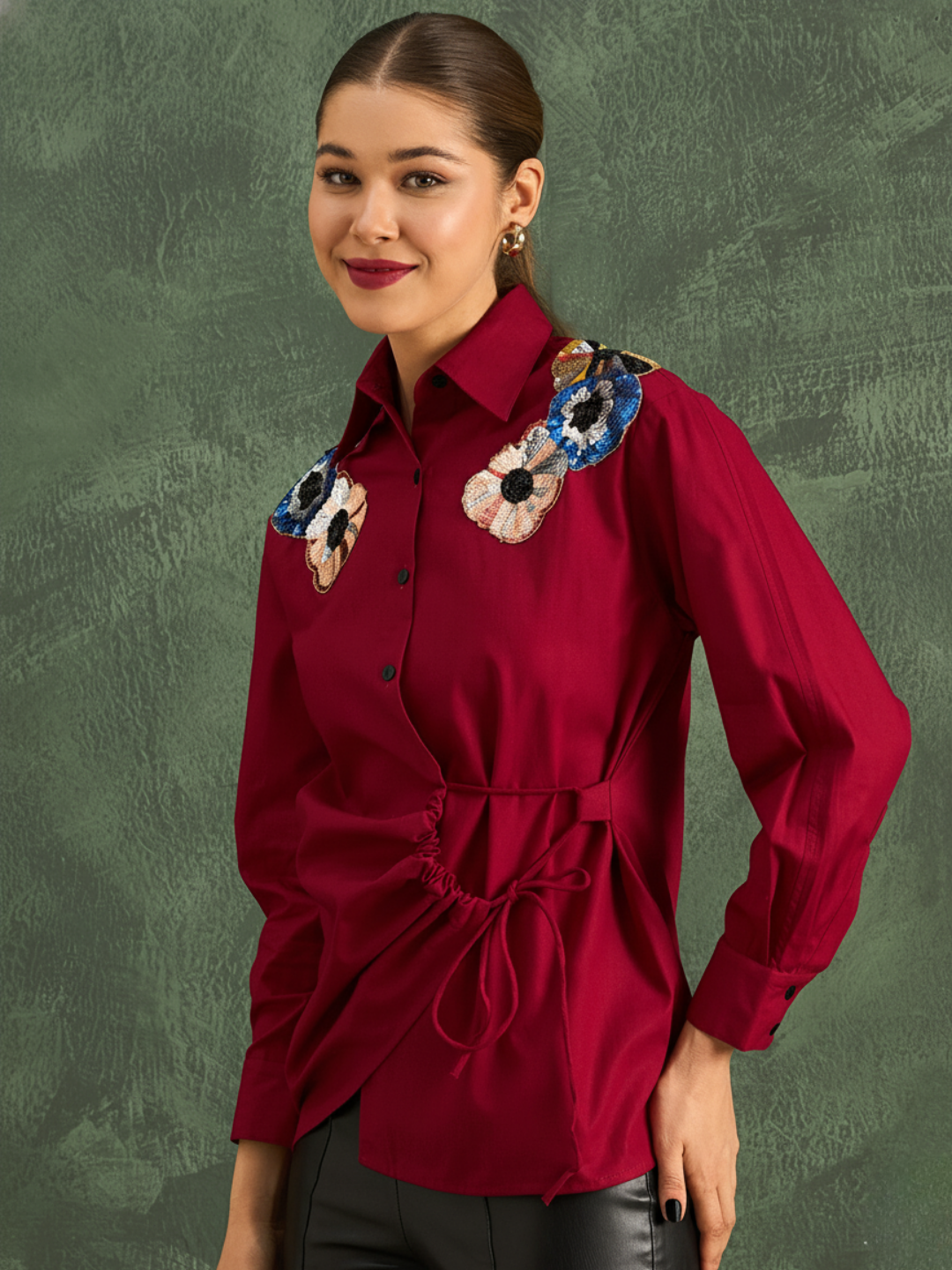 Pure Cotton Tie-Up Sequinned Shirt