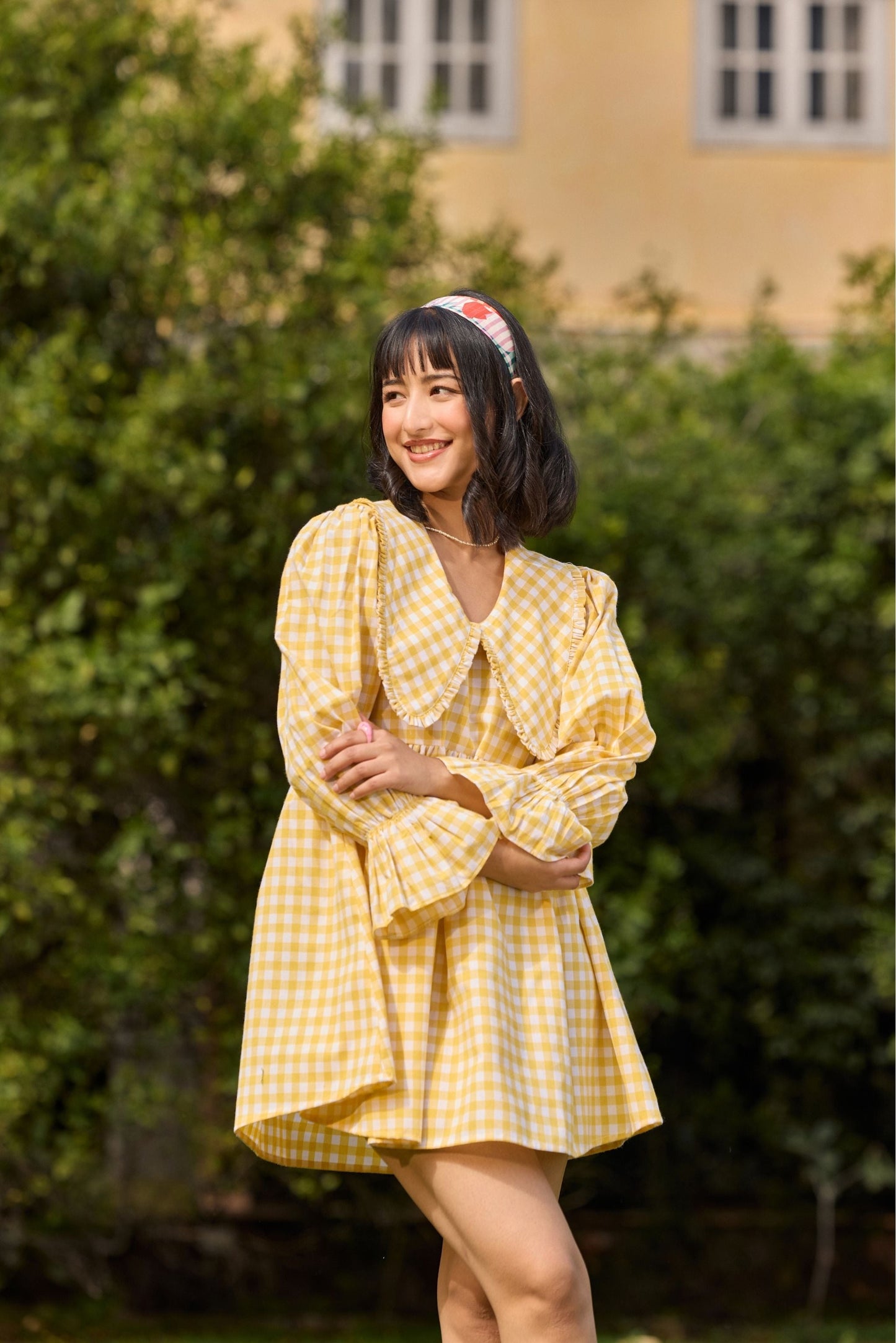Yellow Checked Flared Mini Dress