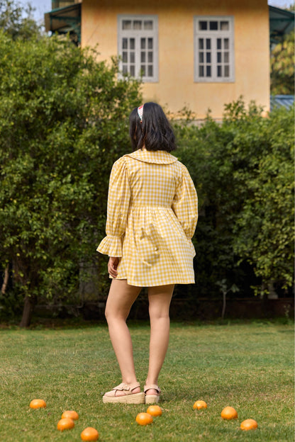 Yellow Checked Flared Mini Dress